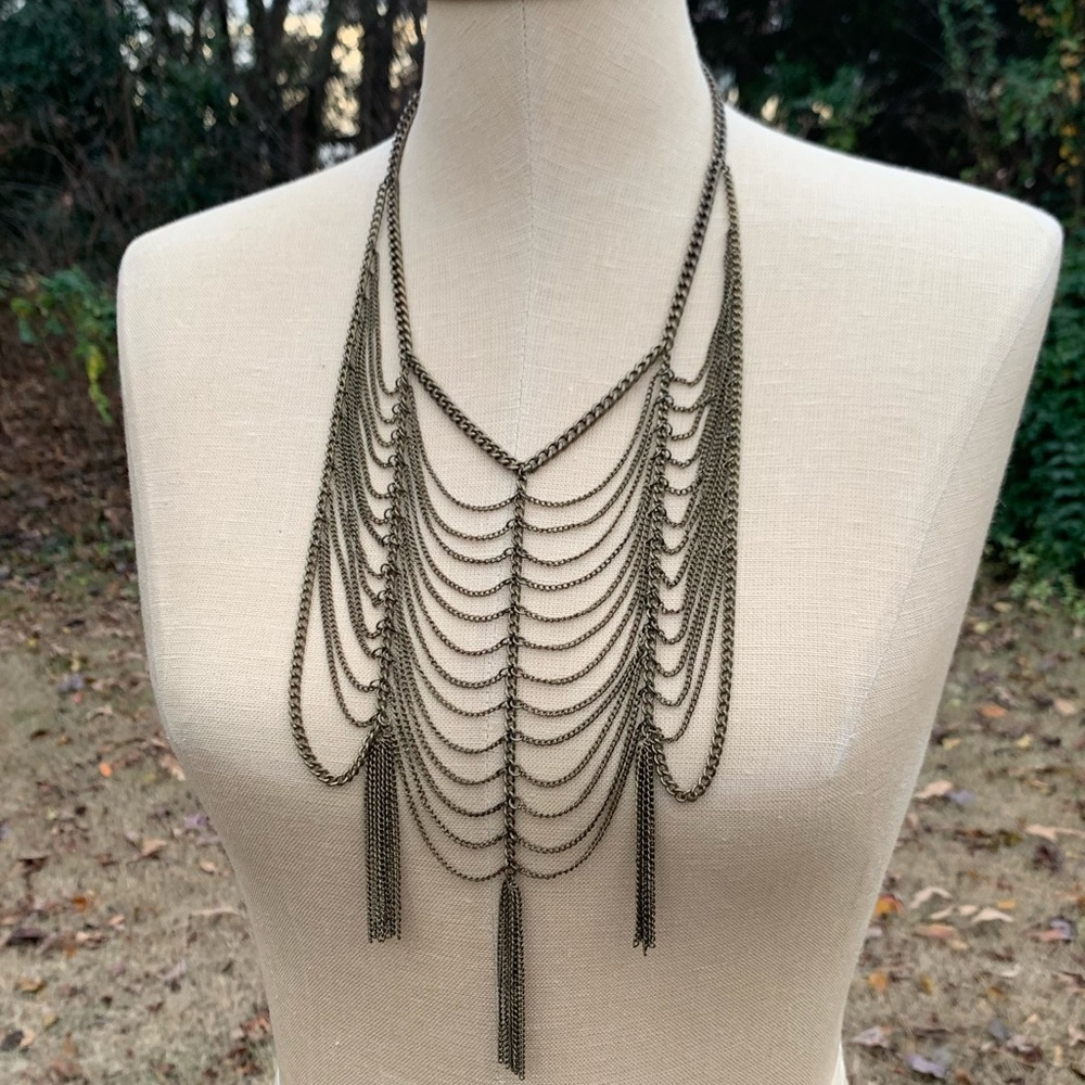 Symmetrical Chain Draped Tassel Necklace - Picture 2 of 6